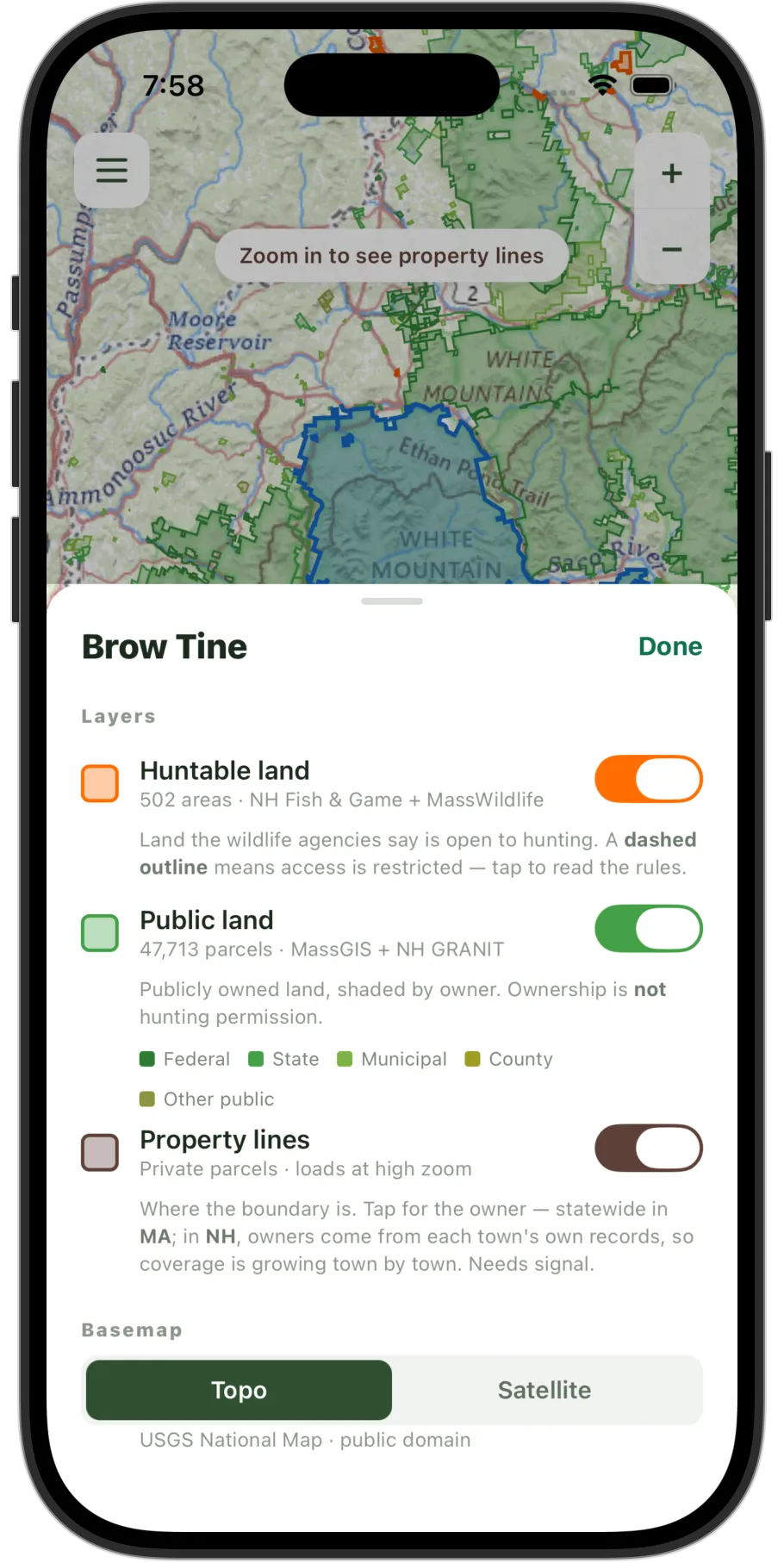 Brow Tine's layer sheet: toggles for Huntable land (502 areas, from NH Fish and Game and MassWildlife), Public land (47,713 parcels, from MassGIS and NH GRANIT), and Property lines for private parcels, plus a Topo and Satellite basemap switch.