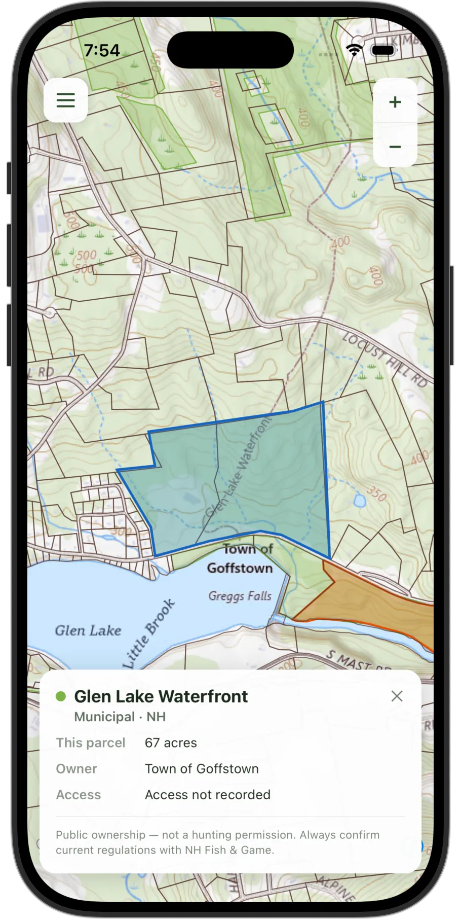 Brow Tine on iPhone: a topographic map of Goffstown, New Hampshire with a 67-acre town-owned parcel outlined in blue. The card at the bottom names it Glen Lake Waterfront, municipal, owned by the Town of Goffstown, and notes that access is not recorded.