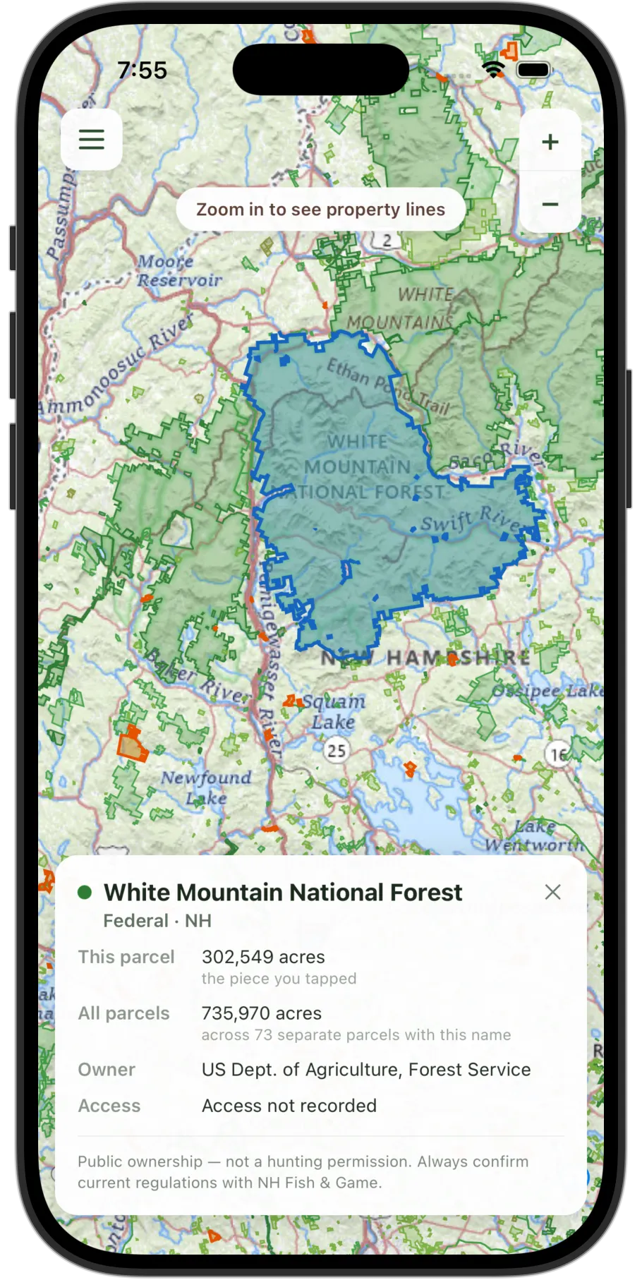 Brow Tine zoomed out over New Hampshire: the White Mountain National Forest highlighted in blue against green public land. The card reads 302,549 acres for the parcel tapped, and 735,970 acres across 73 separate parcels of the same name, owned by the US Forest Service.